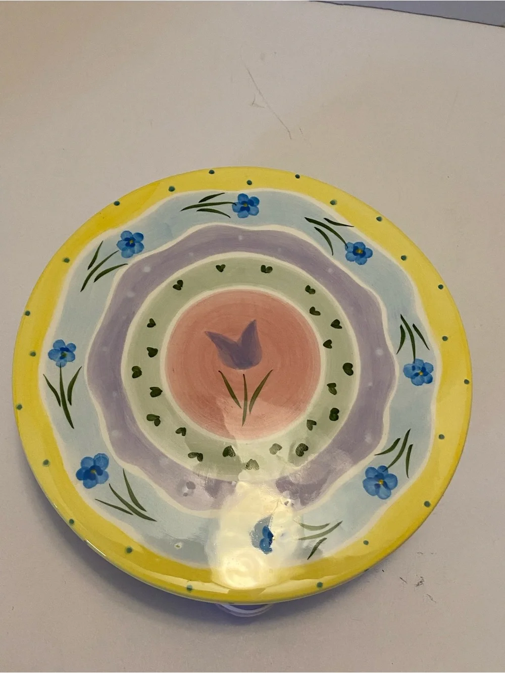 Cake Stand Ceramic Hand Painted Whimsical 8” Flowers Inc. Easter Egg Legs
